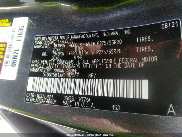 2022 Toyota Sequoia, VIN: 5TDGY5B1XNS187567