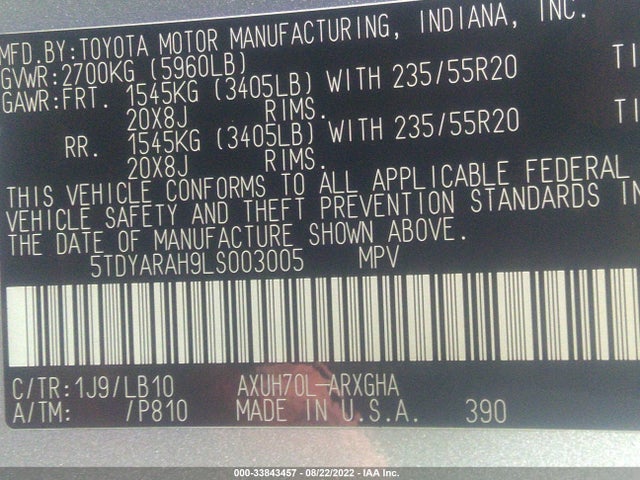 2020 Toyota Highlander, VIN: 5TDYARAH9LS003005