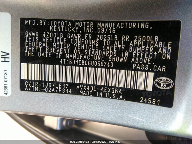 2016 Toyota Avalon, VIN: 4T1BD1EB0GU056743