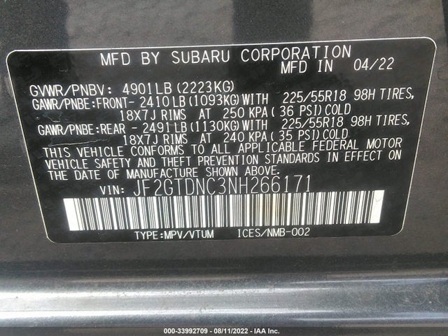 2022 SUBARU CROSSTREK HYBRID VIN: JF2GTDNC3NH266171