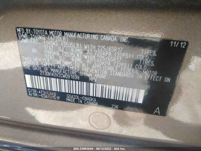 33993549 :رقم المزاد ، 2T3DK4DV2CW091698 vin ، 2012 Toyota Rav4 Limited مزاد بيع