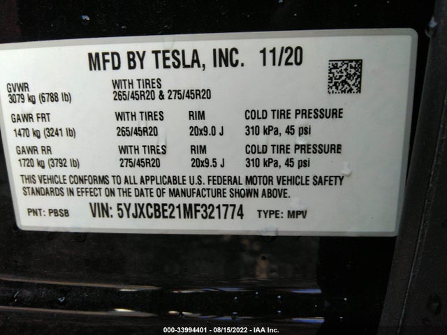 2021 Tesla Model X, VIN: 5YJXCBE21MF321774