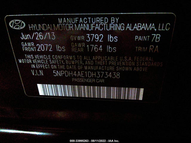 2013 HYUNDAI ELANTRA GLS VIN: 5NPDH4AE1DH373438