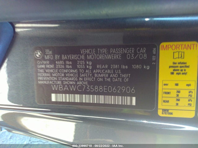 BMW 3 Series 335xi 2008 WBAWC73588E062906 Image 10