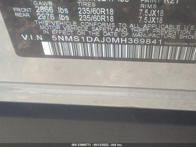 2021 Hyundai Santa Fe, VIN: 5NMS1DAJ0MH369841