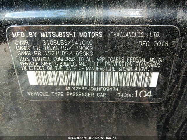 ML32F3FJ9KHF09474 Mitsubishi Mirage G4 Es/rf