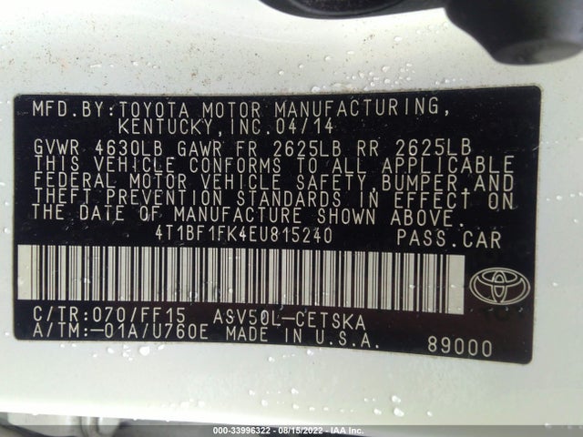 2014 TOYOTA CAMRY L/LE/XLE/SE/SE SPORT VIN: 4T1BF1FK4EU815240