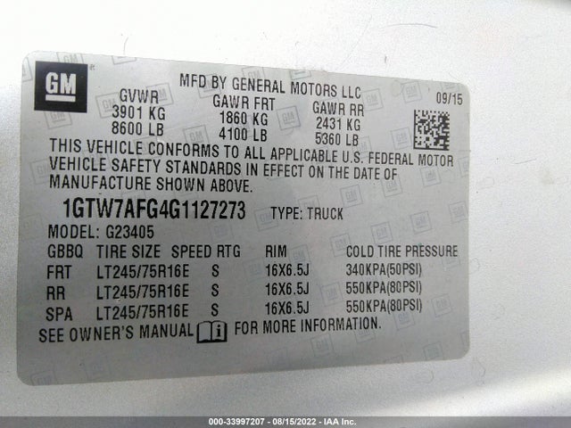 2016 GMC Savana, VIN: 1GTW7AFG4G1127273