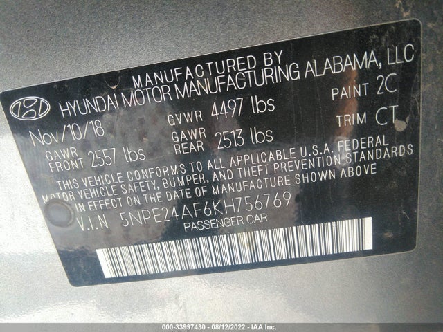 2019 Hyundai Sonata, VIN: 5NPE24AF6KH756769