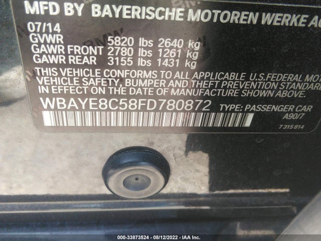 2015 BMW 7 Series, VIN: WBAYE8C58FD780872