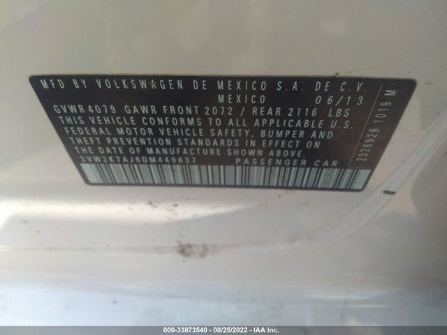 2013 VOLKSWAGEN JETTA SEDAN S VIN: 3VW2K7AJ6DM449637