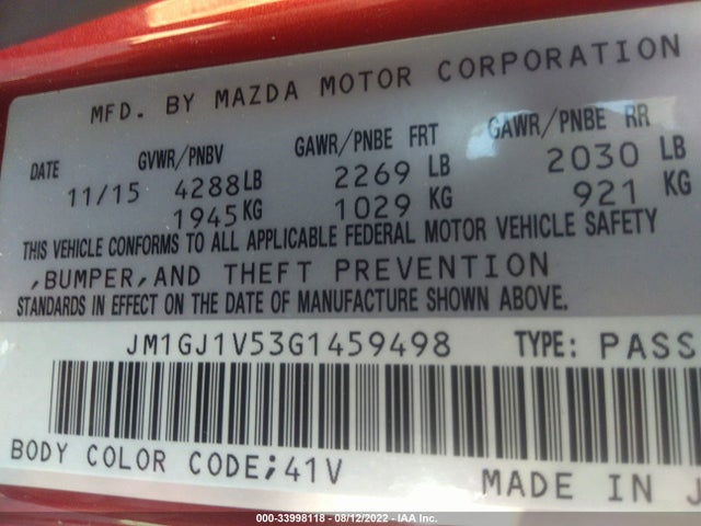 2016 Mazda 6, VIN: JM1GJ1V53G1459498