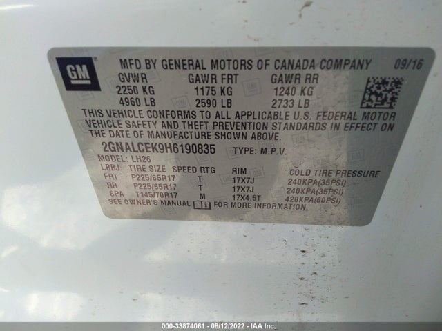Chevrolet EQUINOX LT 2017 2GNALCEK9H6190835 Image 9