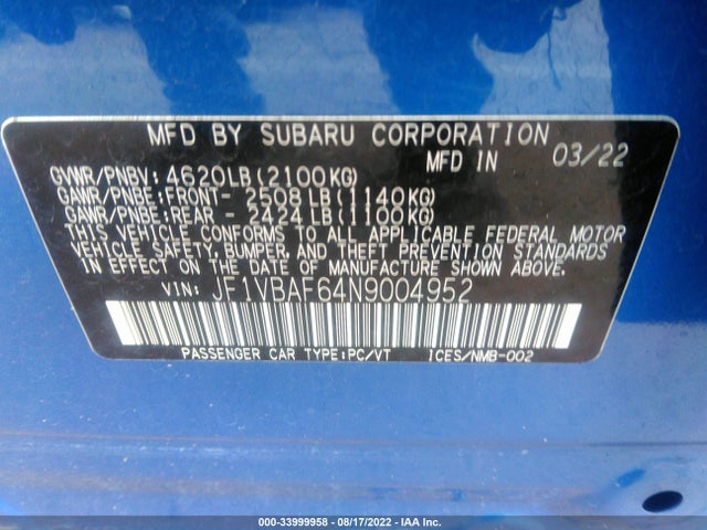 2022 Subaru WRX, VIN: JF1VBAF64N9004952