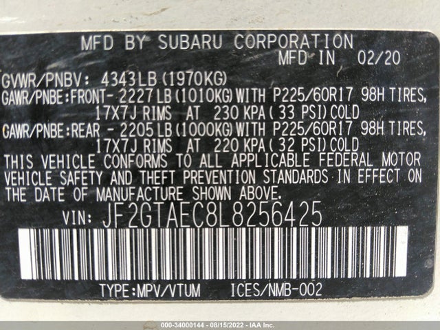 2020 Subaru Crosstrek, VIN: JF2GTAEC8L8256425
