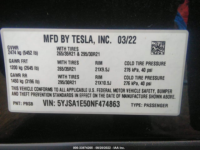 Tesla MODEL S 2022 5YJSA1E50NF474863 Image 9