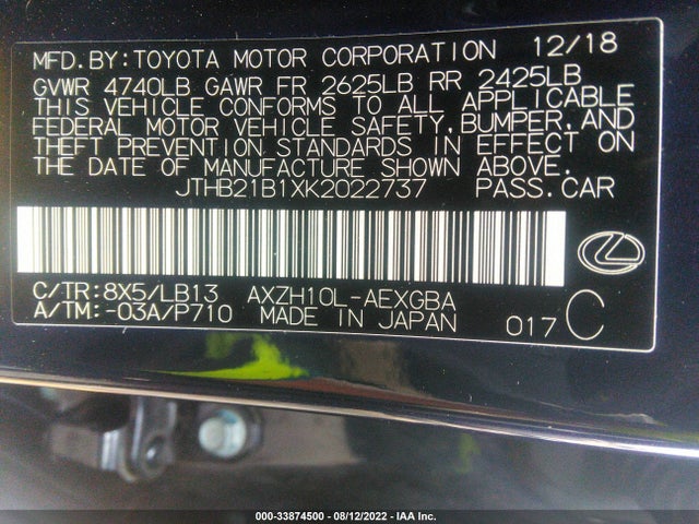 2019 Lexus ES, VIN: JTHB21B1XK2022737