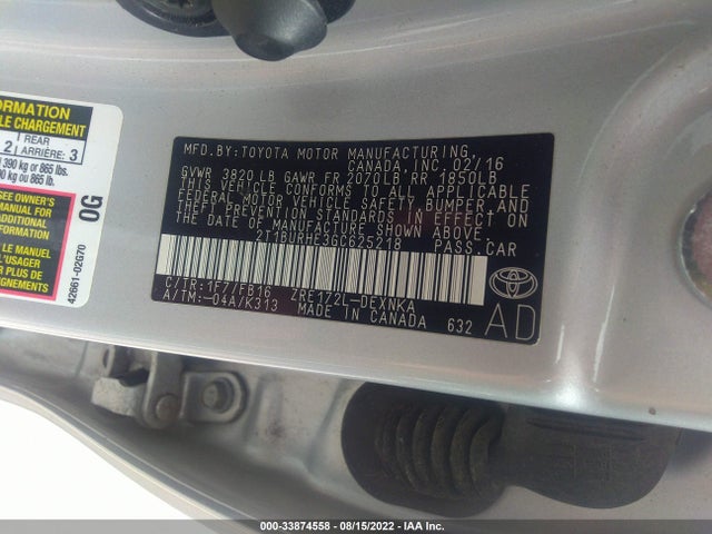 2016 TOYOTA COROLLA L/LE/S/S PLUS/LE PLUS VIN: 2T1BURHE3GC625218