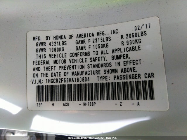2017 HONDA ACCORD SEDAN SPORT VIN: 1HGCR2F53HA160804