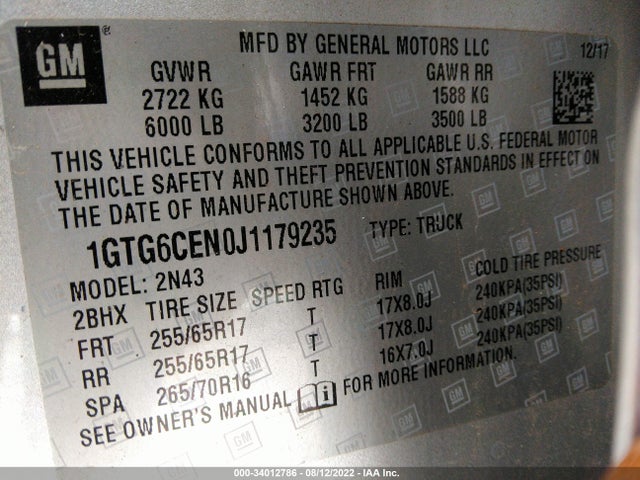 2018 GMC Canyon, VIN: 1GTG6CEN0J1179235