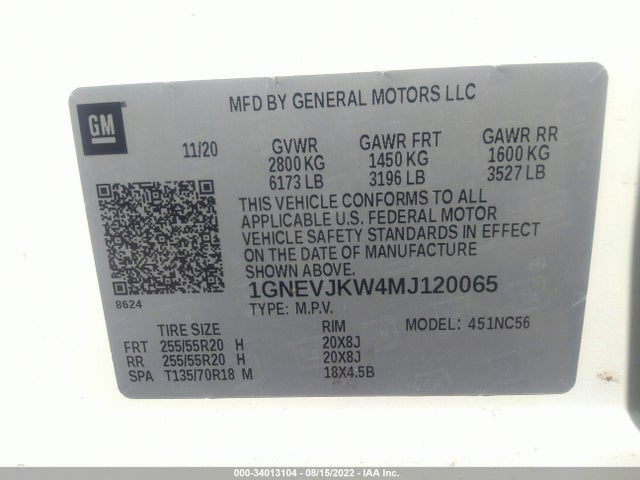 Chevrolet Traverse Rs 2021 1GNEVJKW4MJ120065 Image 9