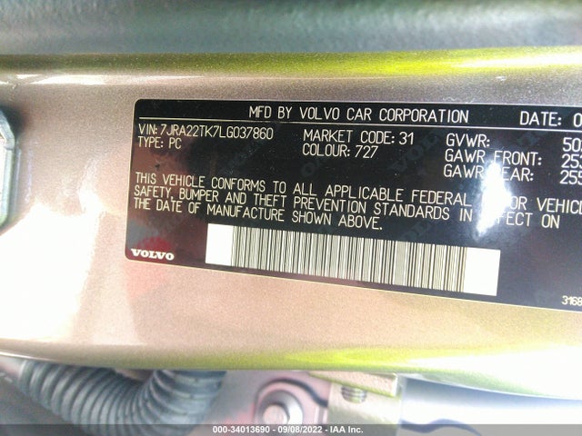 2020 Volvo S60, VIN: 7JRA22TK7LG037860