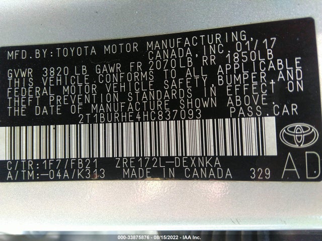 2017 TOYOTA COROLLA LE VIN: 2T1BURHE4HC837093