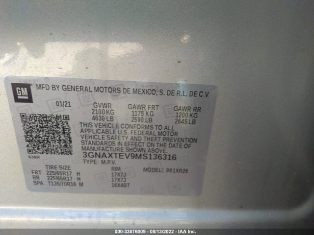 2021 Chevrolet Equinox, VIN: 3GNAXTEV9MS136316