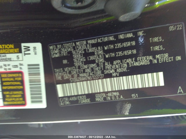 2022 Toyota Highlander, VIN: 5TDGZRAH7NS122727