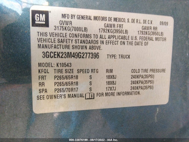 2009 CHEVROLET SILVERADO 1500 LT VIN: 3GCEK23M49G277396