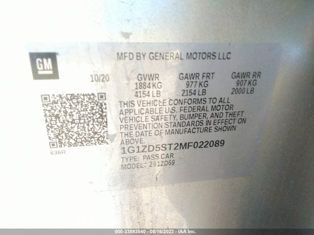 Chevrolet MALIBU LT 2021 1G1ZD5ST2MF022089 Image 9