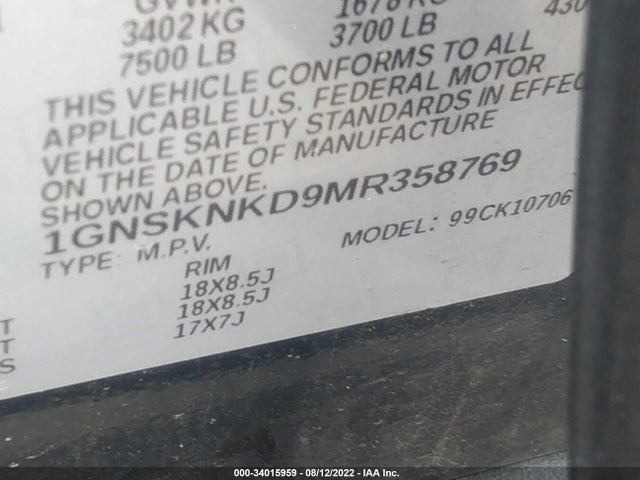 Chevrolet Tahoe Lt 2021 1GNSKNKD9MR358769 Image 9