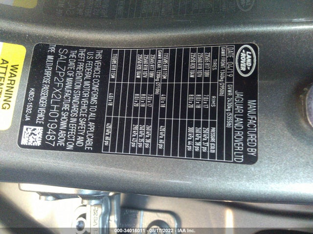 2020 Land Rover Range Rover Evoque, VIN: SALZP2FX2LH019487