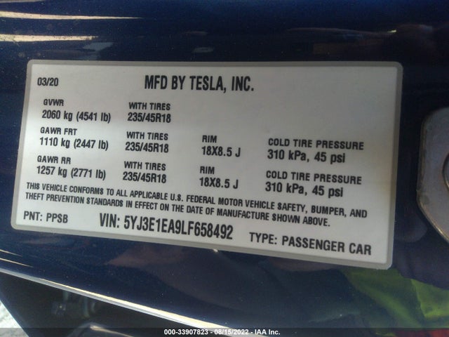 Tesla Model 3 Standard Range 2020 5YJ3E1EA9LF658492 Image 10