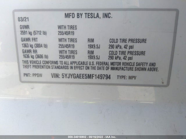 2021 TESLA MODEL Y LONG RANGE VIN: 5YJYGAEE5MF149794