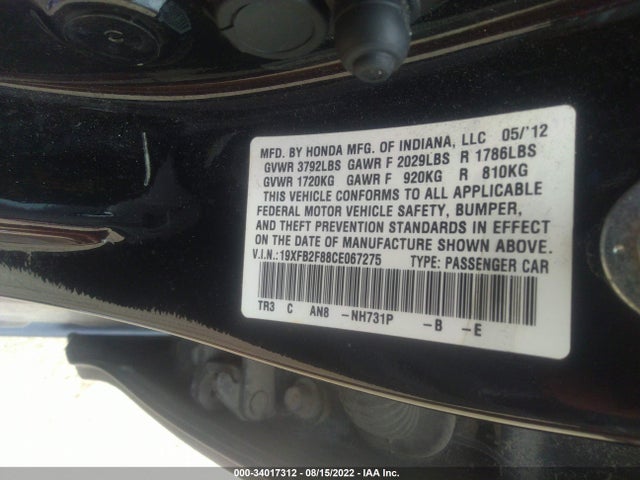 2012 HONDA CIVIC SDN EX VIN: 19XFB2F88CE067275