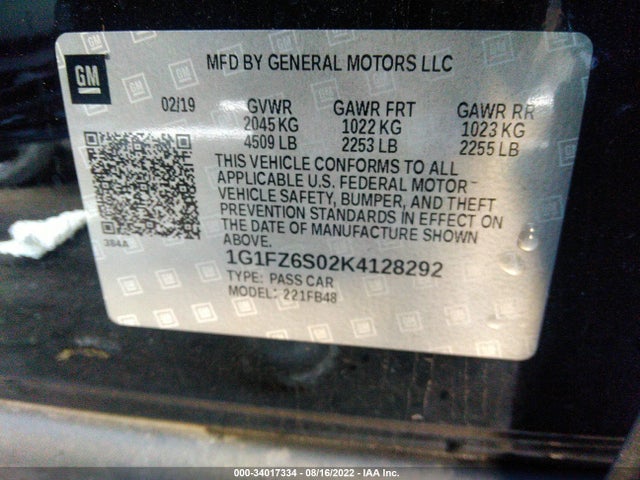 2019 Chevrolet Bolt EV, VIN: 1G1FZ6S02K4128292