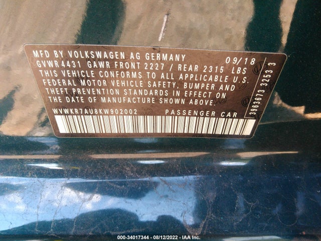 2019 Volkswagen Golf, VIN: WVWKR7AU8KW902002