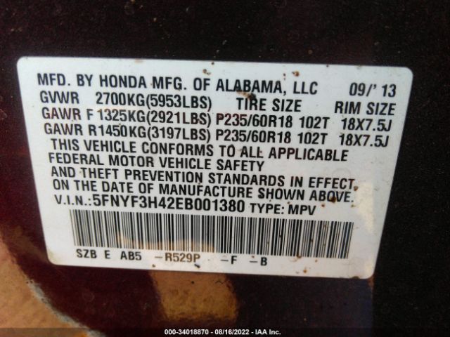 5FNYF3H42EB001380 Honda Pilot Ex
