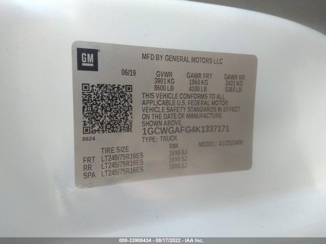 2019 Chevrolet Express, VIN: 1GCWGAFG4K1337171