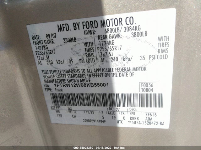 2008 FORD F-150 XL/XLT/FX2 VIN: 1FTRW12W08KB55001