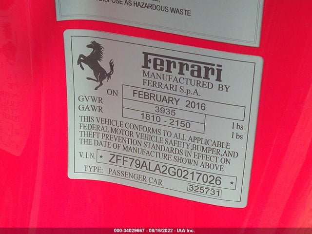 2016 Ferrari 488, VIN: ZFF79ALA2G0217026