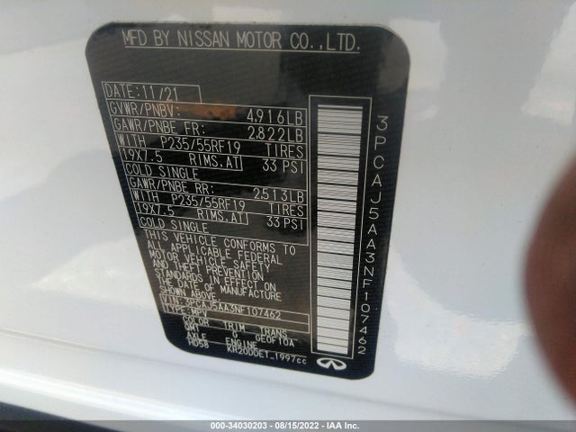 2022 Infiniti QX50, VIN: 3PCAJ5AA3NF107462
