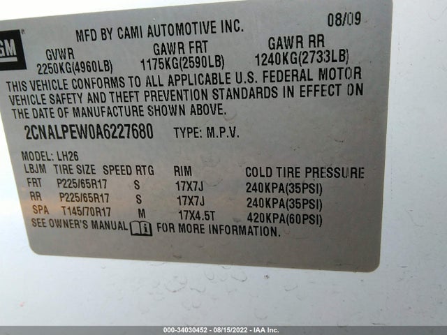 2010 CHEVROLET EQUINOX LT W/2LT VIN: 2CNALPEW0A6227680