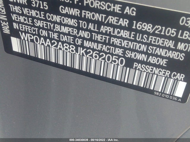 2018 Porsche 718, VIN: WP0AA2A88JK262050