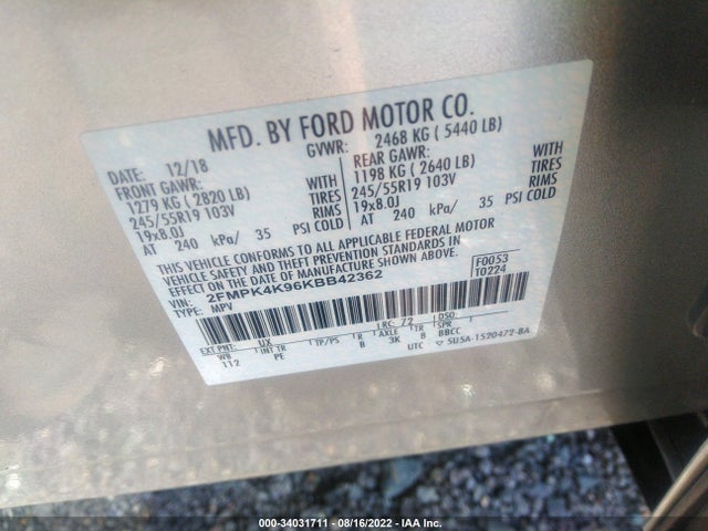 2019 Ford Edge, VIN: 2FMPK4K96KBB42362