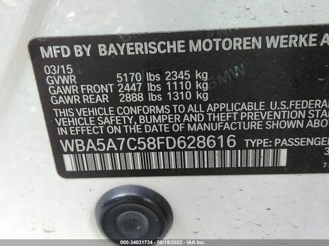 2015 BMW 5 SERIES 528I XDRIVE VIN: WBA5A7C58FD628616