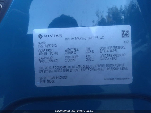 2022 Rivian R1T, VIN: 7FCTGAAL4NN000160