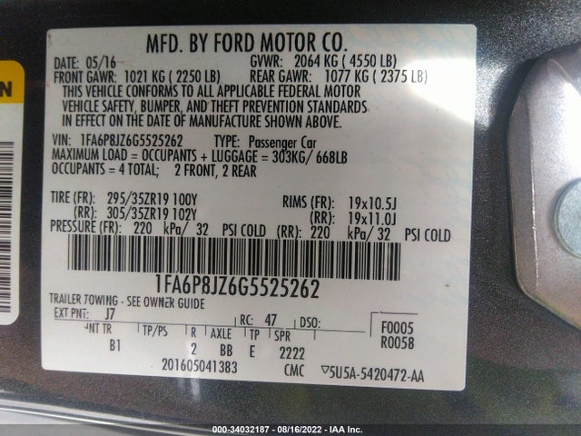 2016 Ford Mustang, VIN: 1FA6P8JZ6G5525262