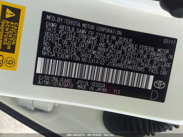 2017 Toyota Mirai, VIN: JTDBVRBD2HA002885